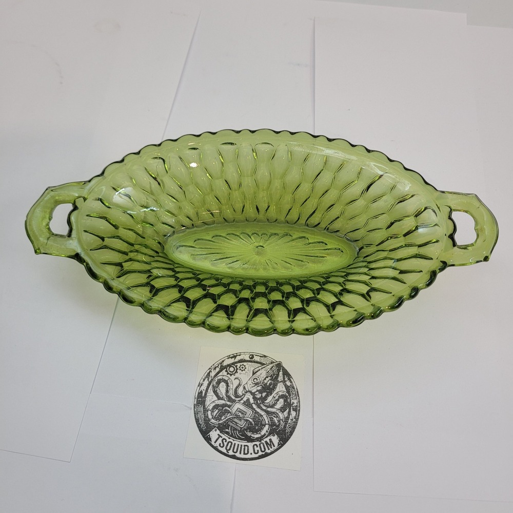 Vintage Green Indiana Glass Oval Relish Dish Handle Scalloped Thumbprint Pattern